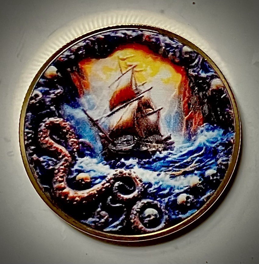 Clipper Ship-Kracken-Pirate Challenge Coin-Gold Colored-Flat-New