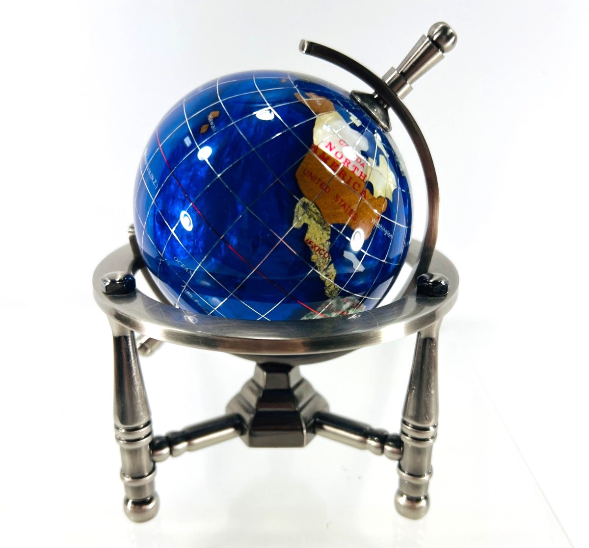 6" Mini black  Gemstone World Globe with Silver Stand Tripod Office Desk Decor
