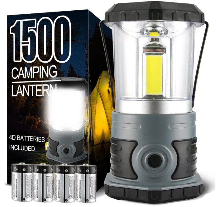 Linterna LED camping 1500 LM, 4 modos, pilas incluidas, resistente al clima