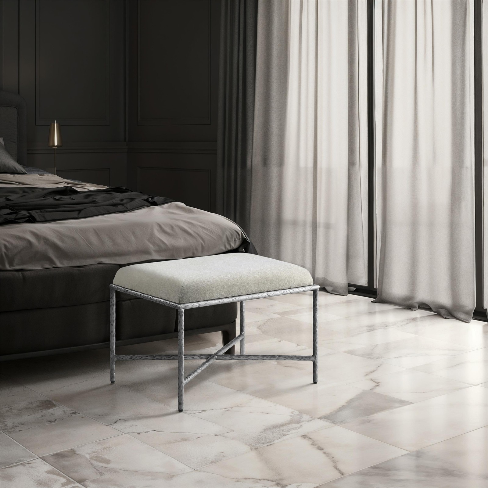 Meridian Furniture Valley Cream Chenille Fabric Bench