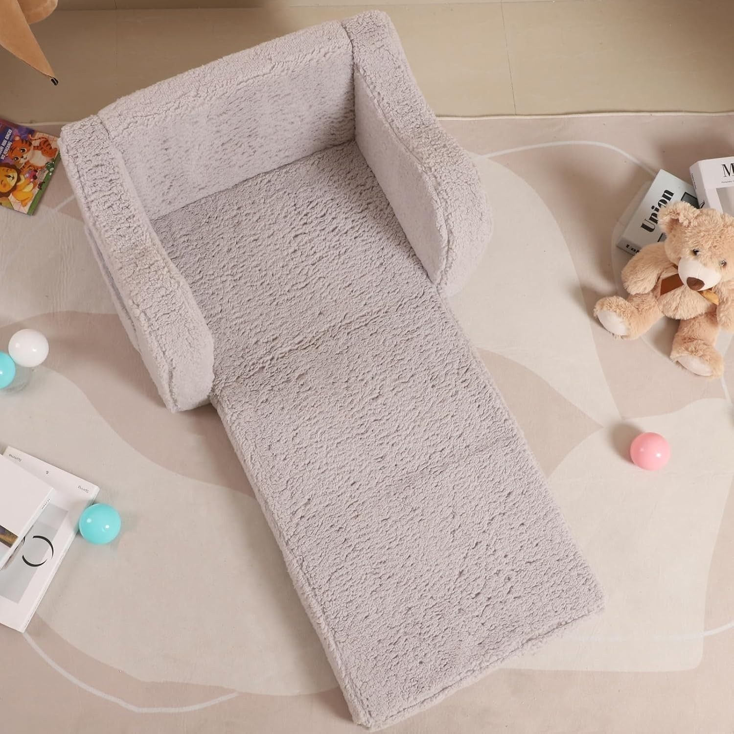 Grey Kids Sofa Chair - Convertible 2-in-1 Flip-Out Foam Lounger for Play & Read