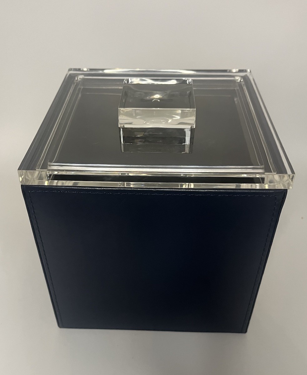 Room 360 Faux Leather Ice Bucket Cube Navy Acrylic Lid Barware London 3.5 Qt