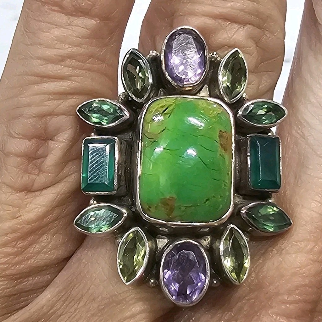 Nicky Butler NB Sterling Silver Green Turquoise Peridot & Amethyst Ring Size 5.5