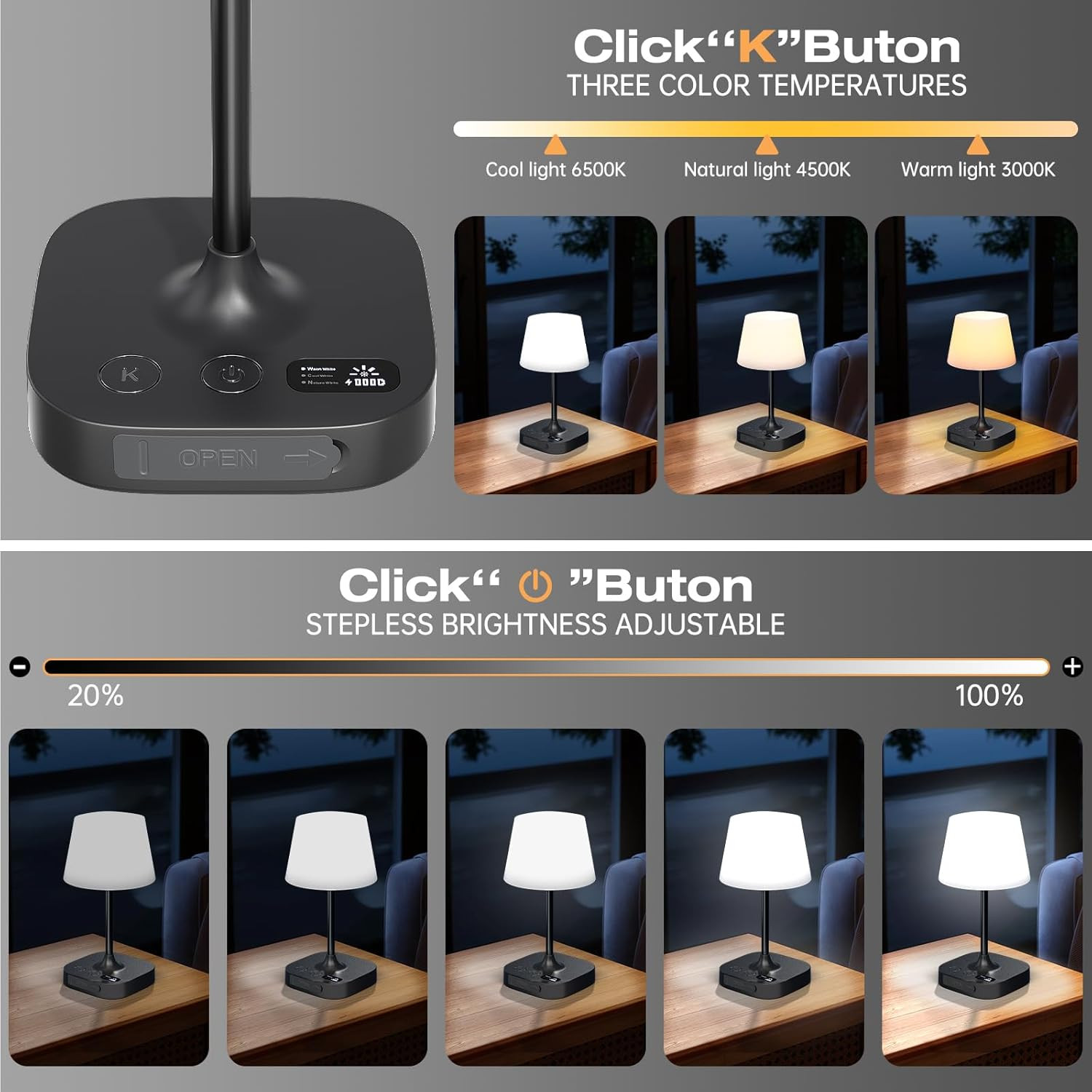 Outdoor Table Lamp, Shower Lamp with 8000Mah Cordless Rechargeable Battery, IP55