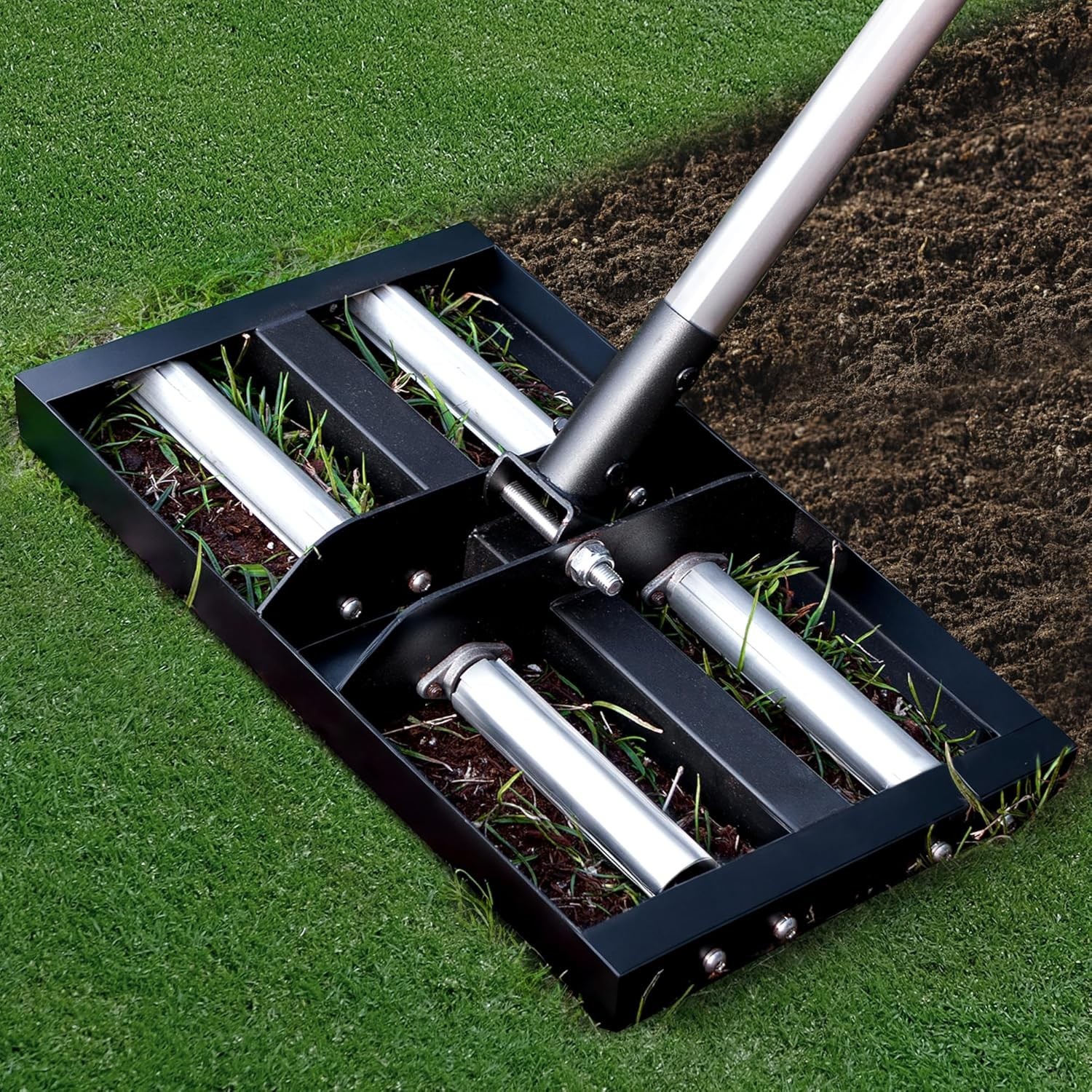 Lawn Leveling Rake with Aluminum Rollers, 17"x10" Levelawn Tool, Heavy-Duty Stai