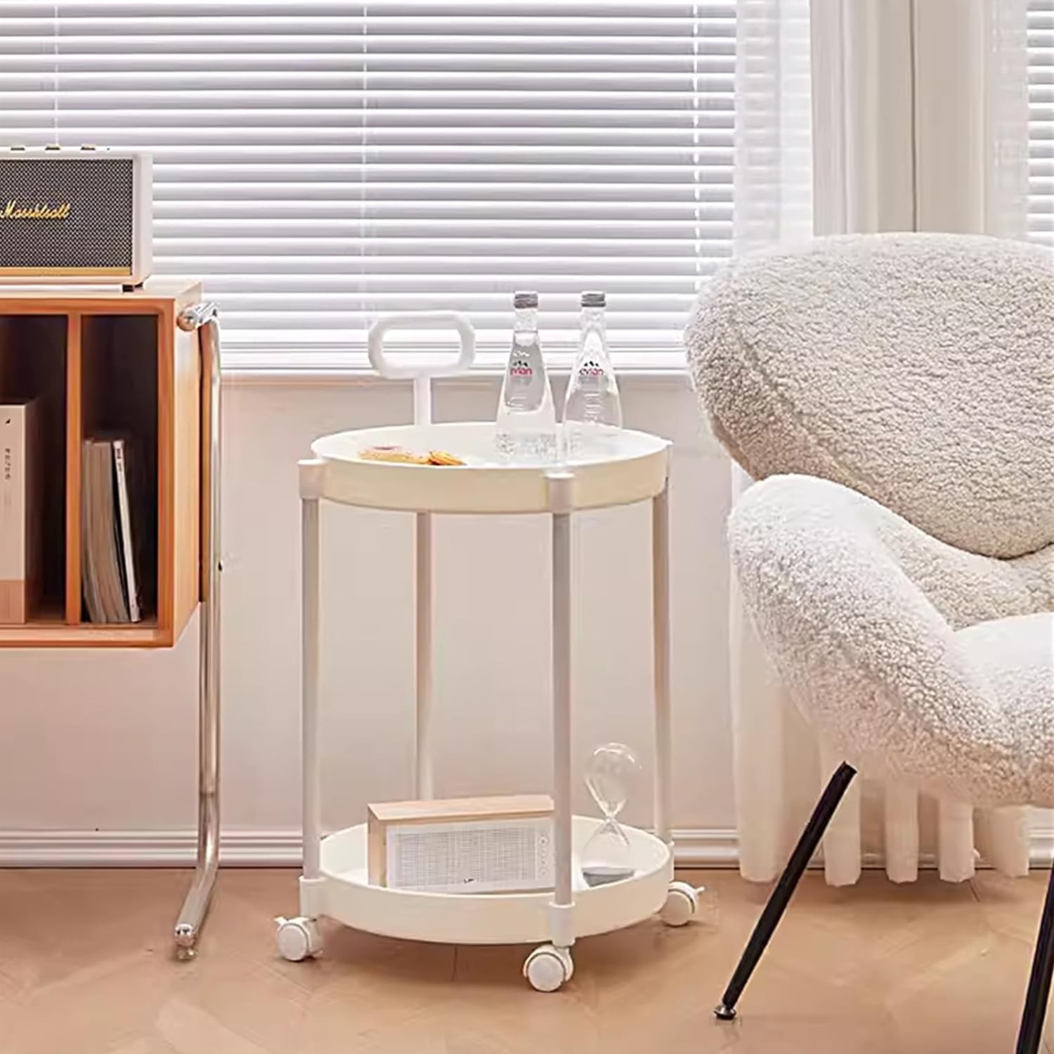 2-Tier Plastic Rolling Utility Cart + Handle Coffee Side Table Couch End Table