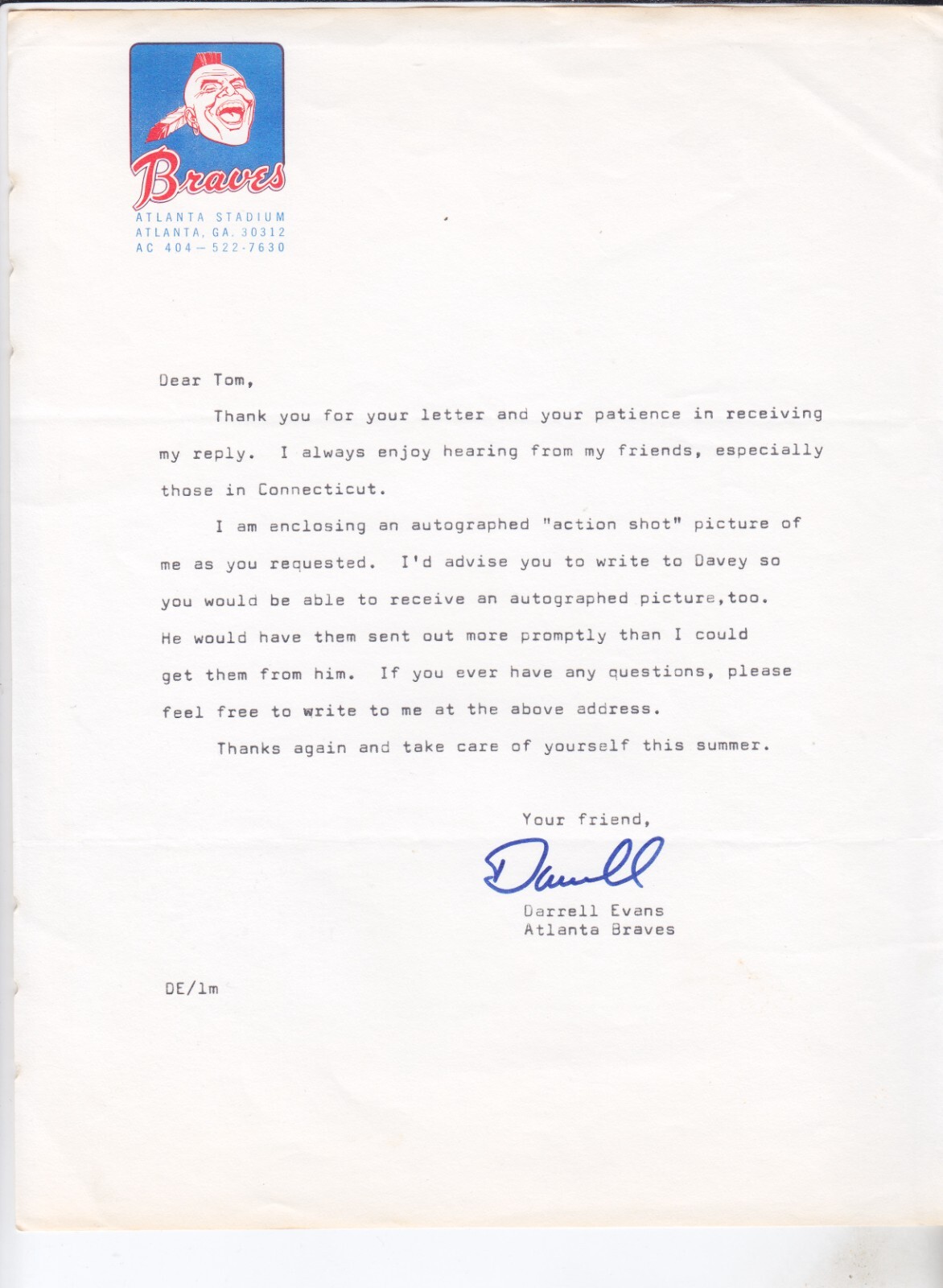 BRAVES   STATIONARY   SIGNED   LETTER   FROM   DARRELL EVANS   TO   FAN