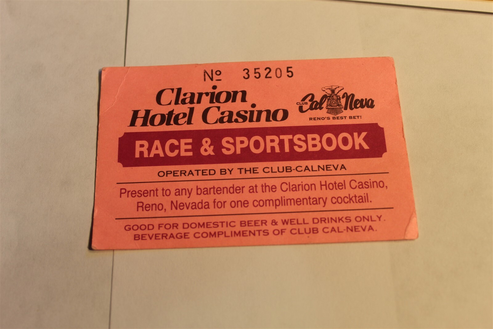 CLARION HOTEL CASINO CASINO -GOOD FOR ONE FREE DRINK COUPON RENO NEVADA