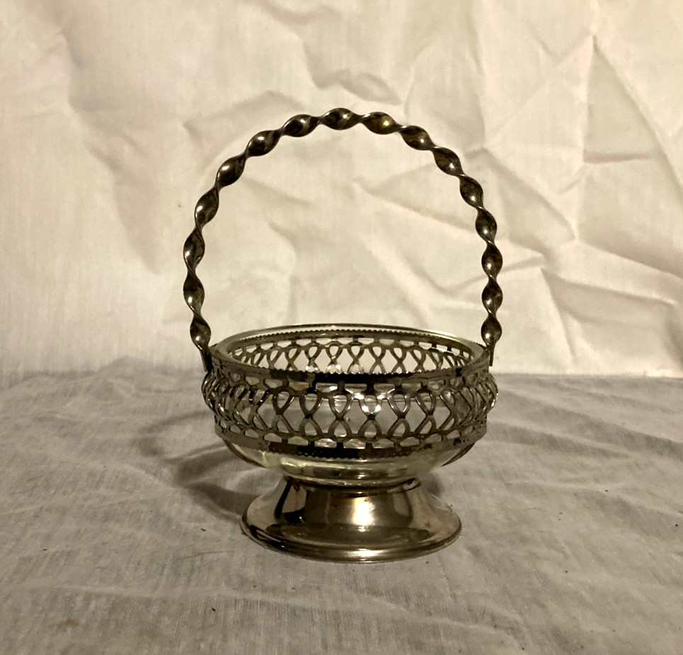 Vintage Silverplate Candy / Nut Pedestal Dish With Handle Glass Insert- Nice!!