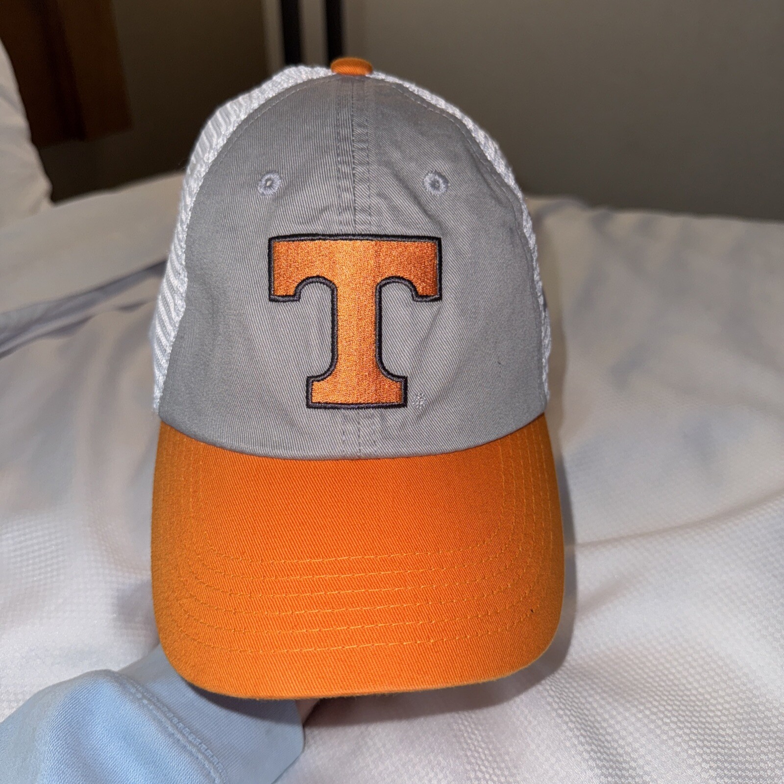 Orange T w Tan on Tan trucker Hat Cap w Orange Bill Strap Buckle EUC