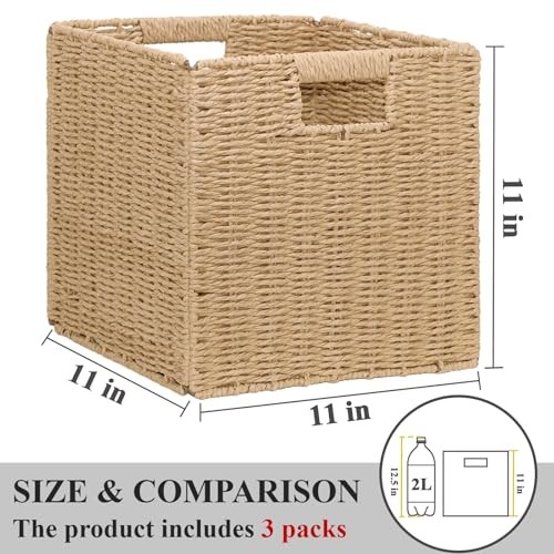 Wicker Storage Baskets for Organizing, 3 Pack Rustic Foldable Natural 11 inch