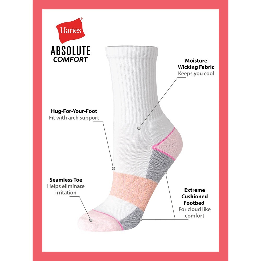 Hanes Women's Crew Socks, Absolute Comfort, 4-Pack, Size 5-9