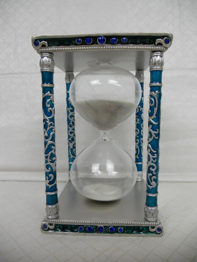 Hourglass Timer 15 Minutes Table Decoration Blue Glass Gems Silver-Tone Scroll