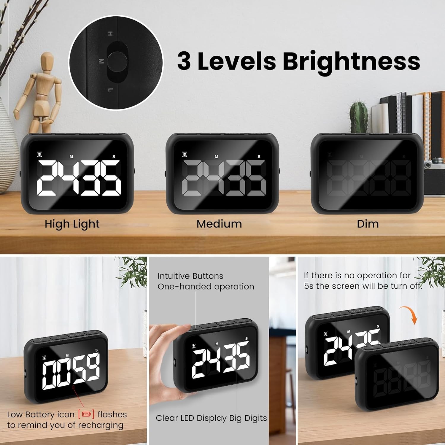 USB Rechargeable Loud Digital Kitchen Timer with Large LCD Display & Loud Alarm
