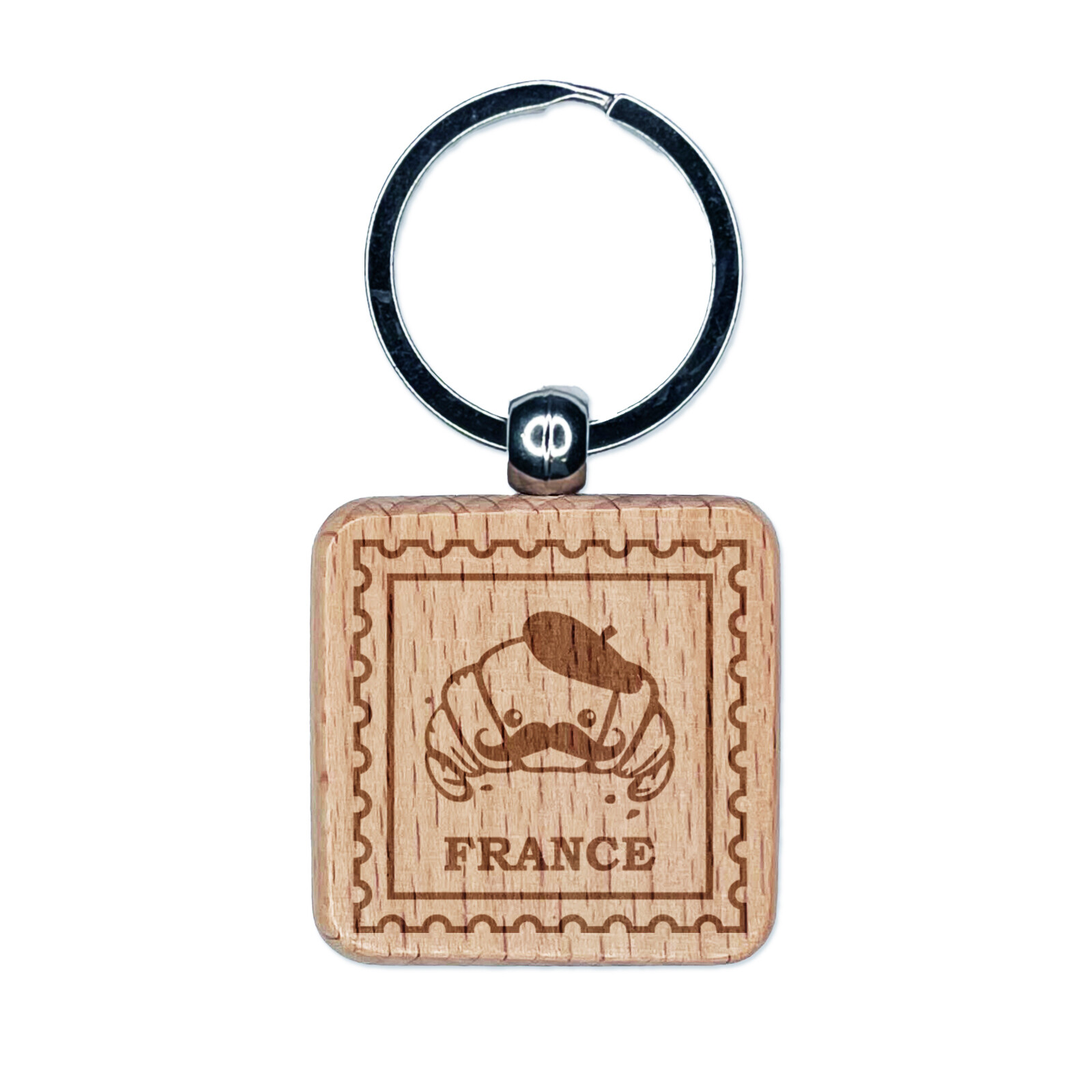 France Travel French Croissant with Beret Engraved Wood Square Keychain