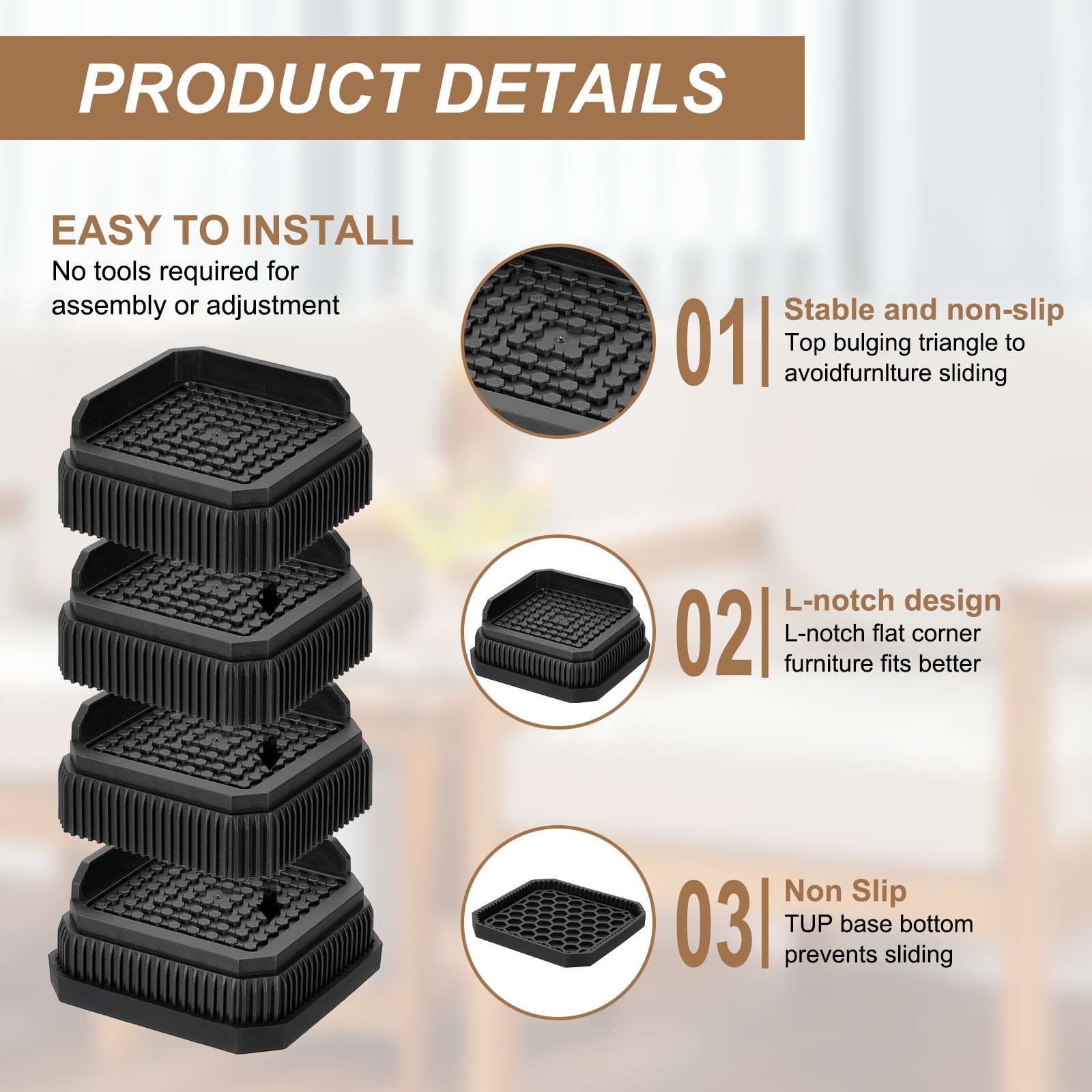 Bed Risers, Square Heavy Duty Stackable Lift Block to 1 Inch, Black