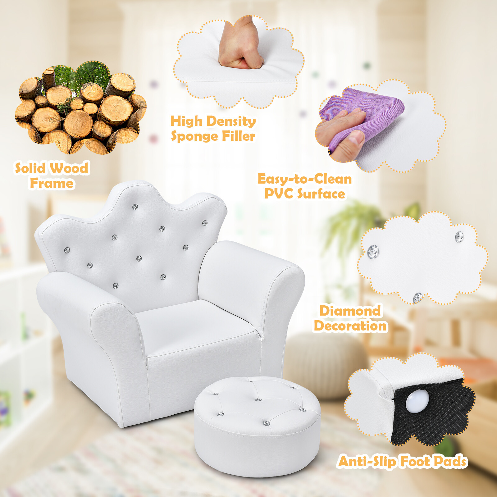 Costway Kids Sofa Toddler Couch Princess Armchair Children Gift w/ Ottoman
