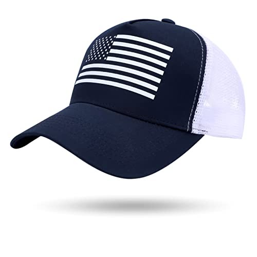 American Flag Trucker Hats Snapback USA One Size Navy Blue + White Mesh