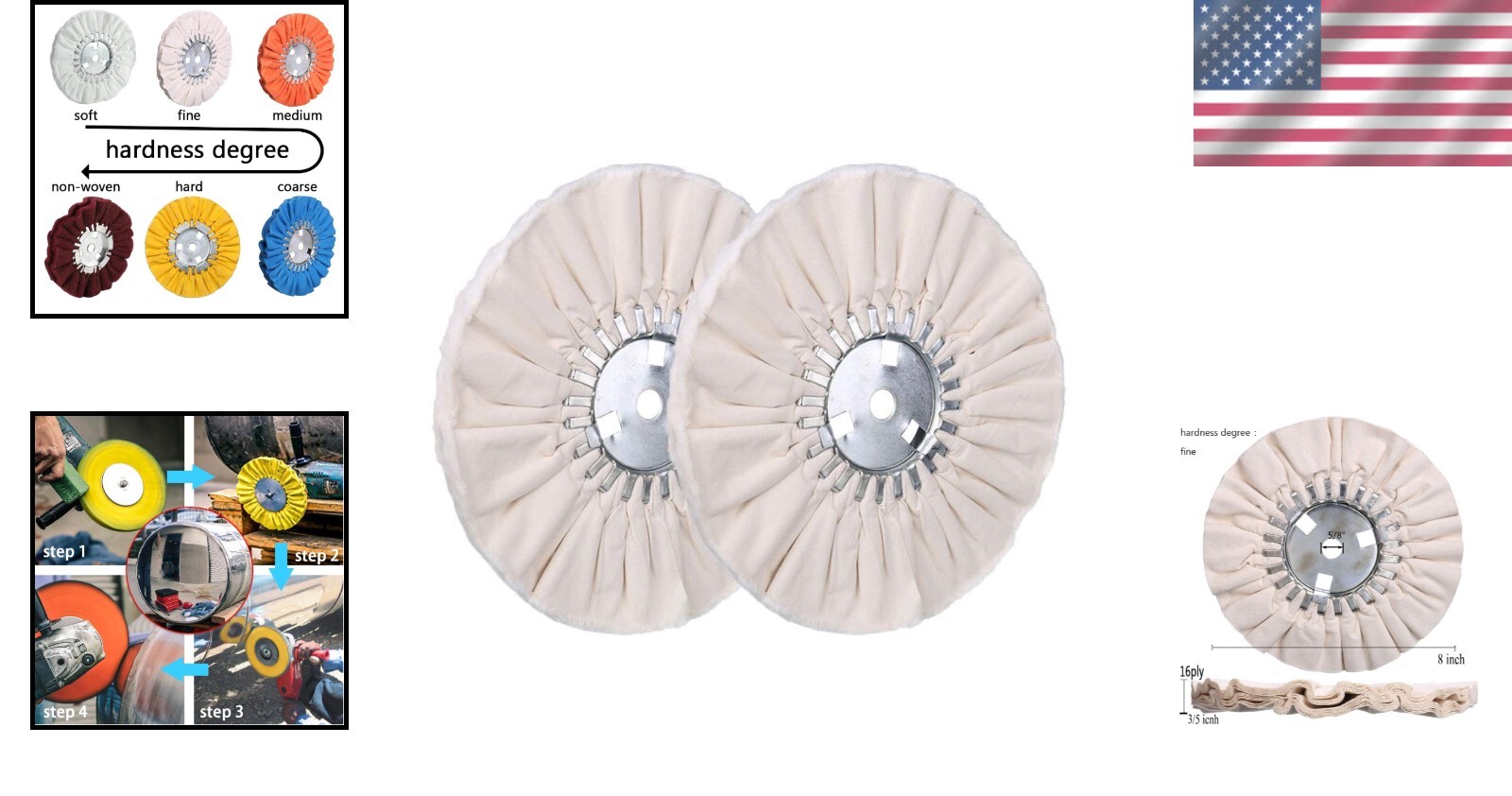 Efficient 8-Inch Buffing Wheel Set: Fine Polish for Aluminum, Brass, and More