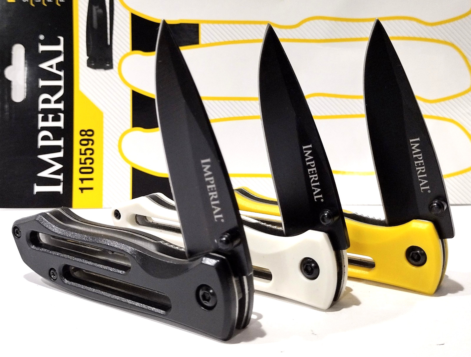 Imperial Schrade Black White Yellow Folding Pocket Knife 3 Pc Combo Set EDC