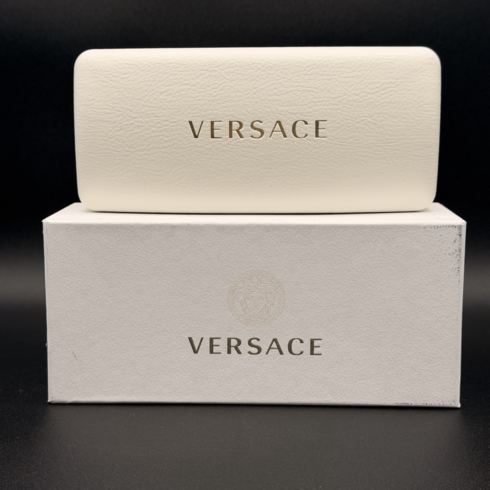 Versace White Leather Sunglasses Case Complete Set Box Cloth Card AUTHENTIC