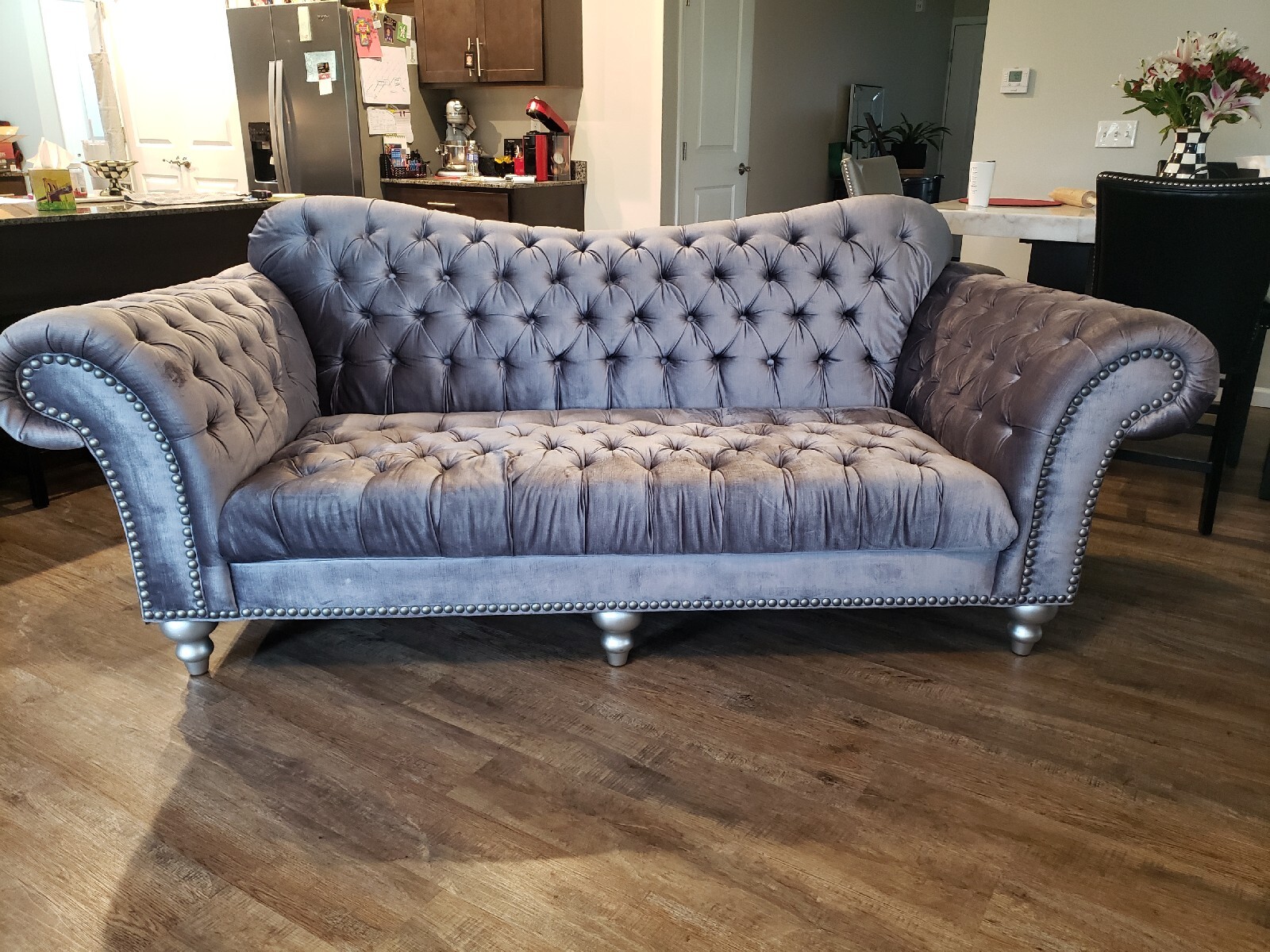 gray velvet tufted sofa And Matching Chair