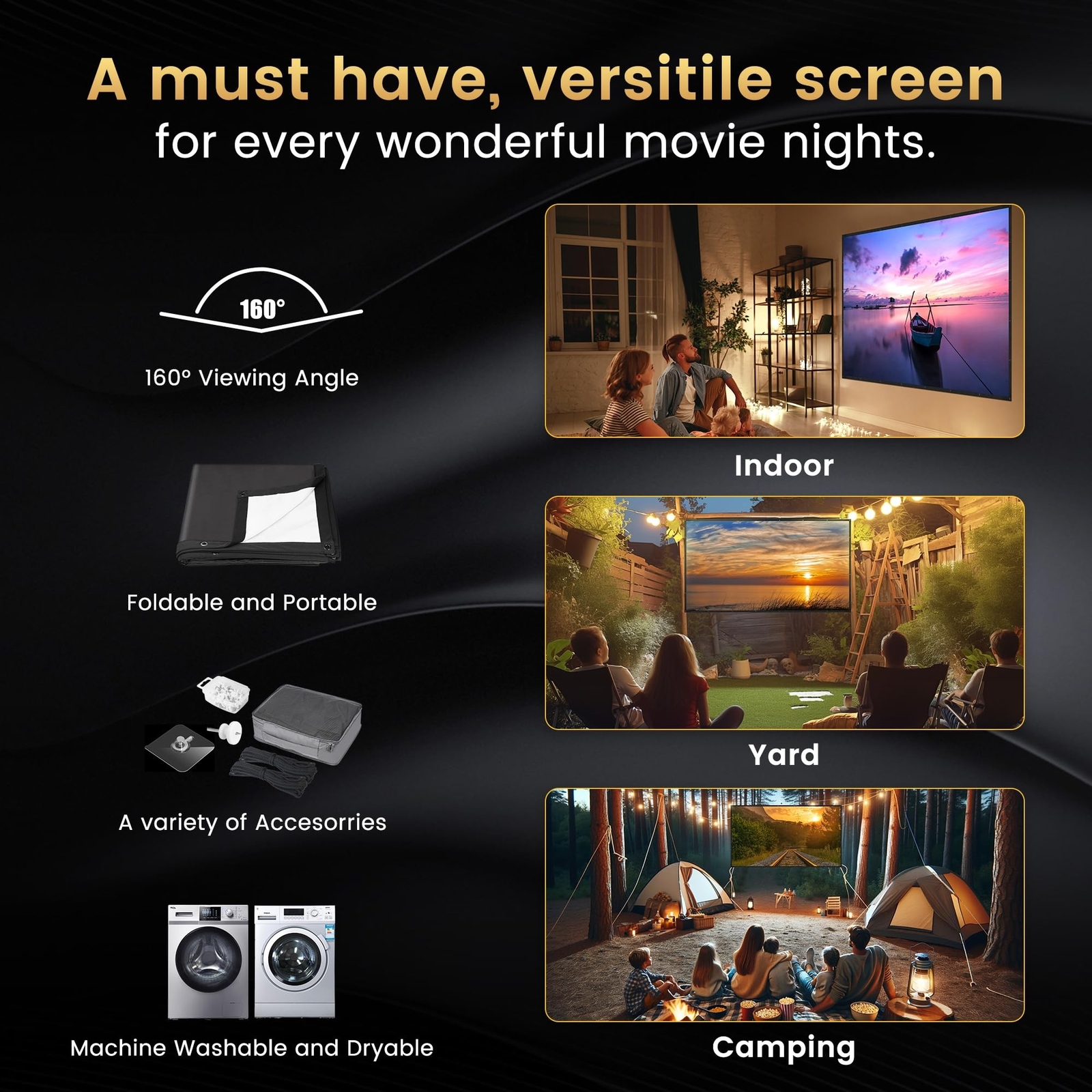 100 inch Projector Screen 2025 Upgraded - Black Backing,Straight Edges, Folda...