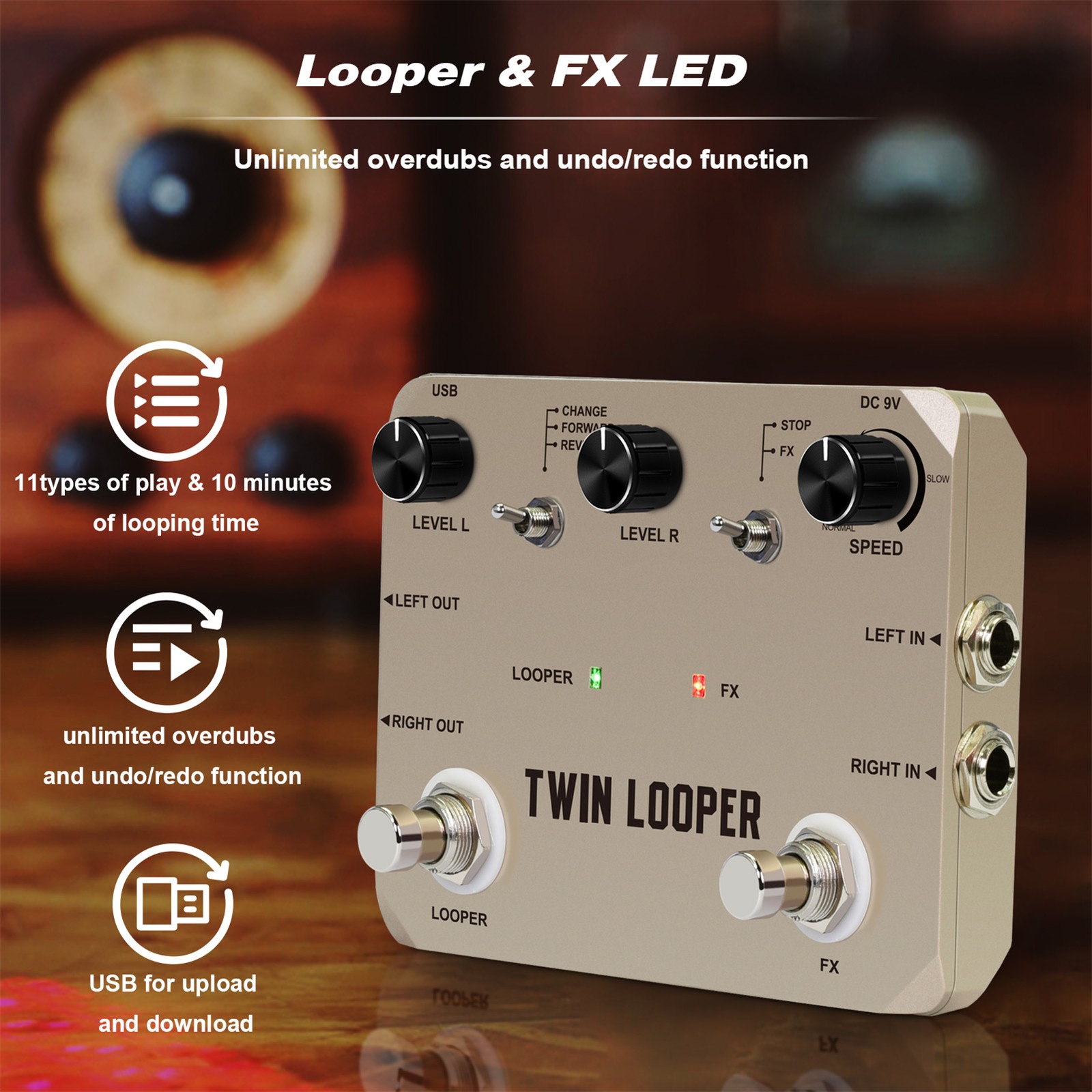Rowin Guitar Looper Pedal With 2 Footswitch 11 Playback Types 10-Minute ANUH