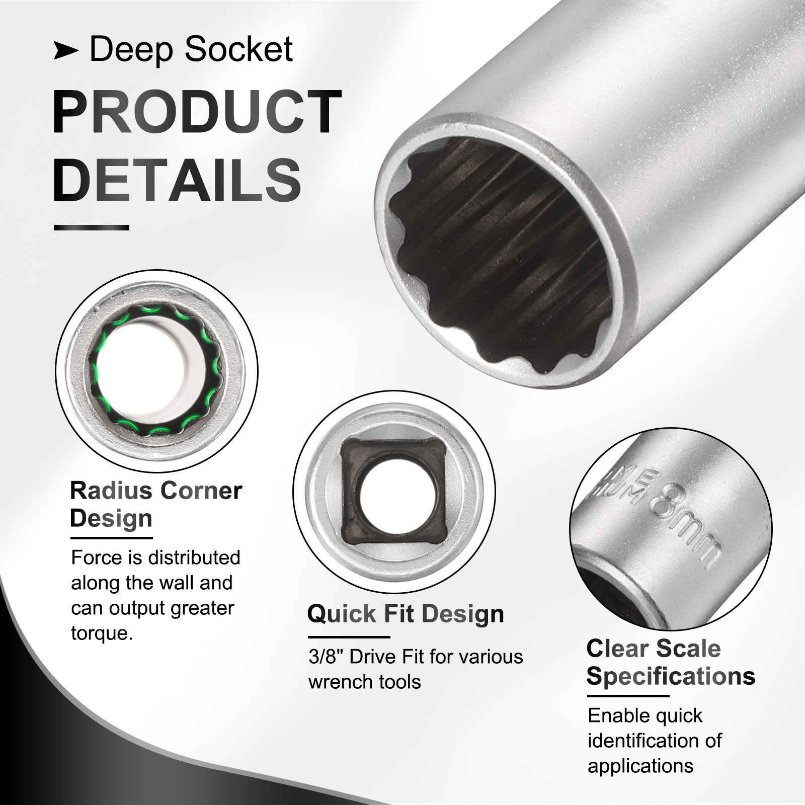 12 Points Deep Socket 3/8" Drive 9mm Nickel Plating Flip Sleeve 4.7" Long