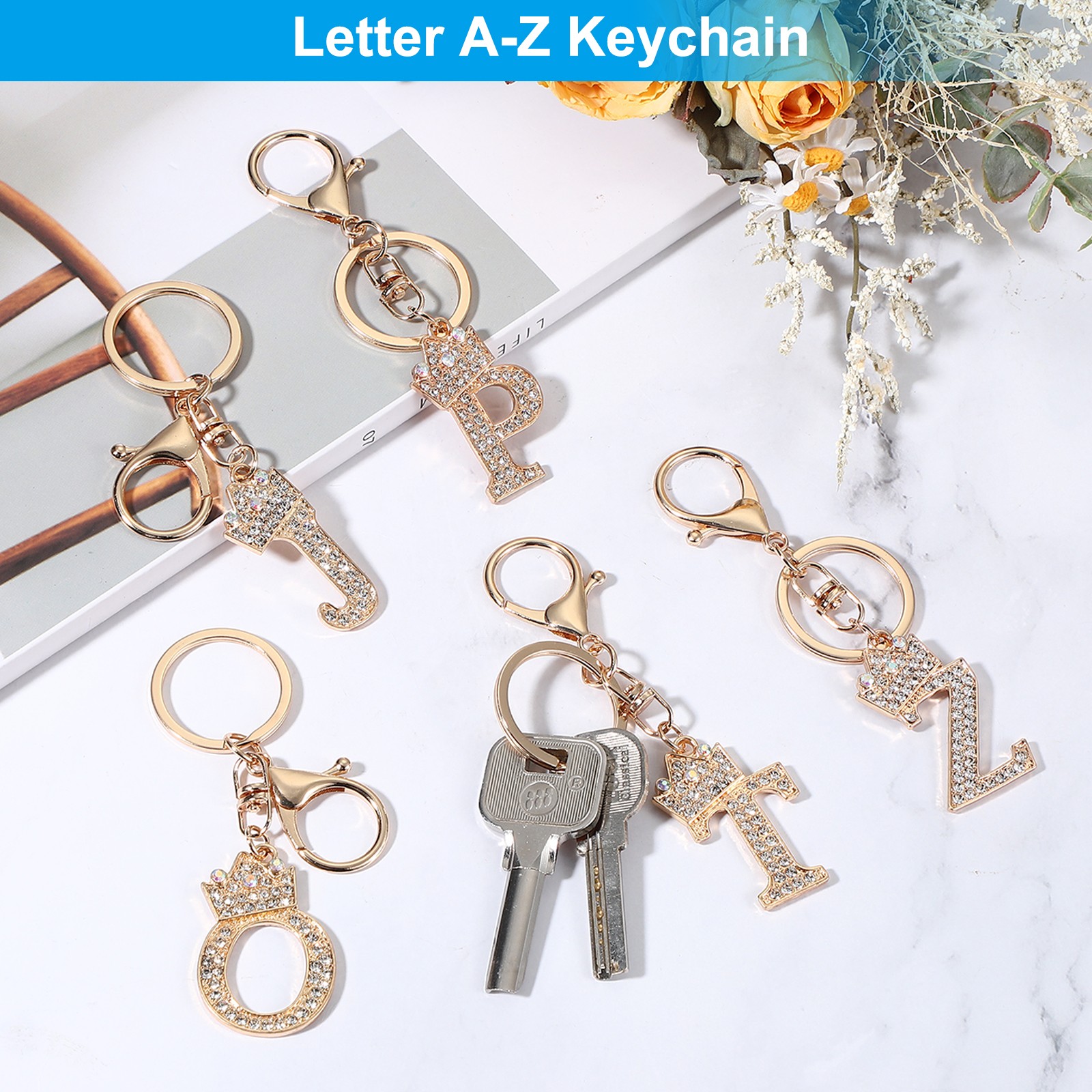 Initial Letter Keychain, 2 Pcs Letter E Crown Design Charm, Gold Tone