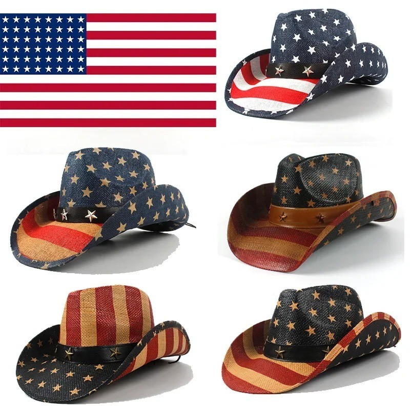 Men's Vintage Tea Stained USA American Flag Shape-It Brim Cowboy Hat Western