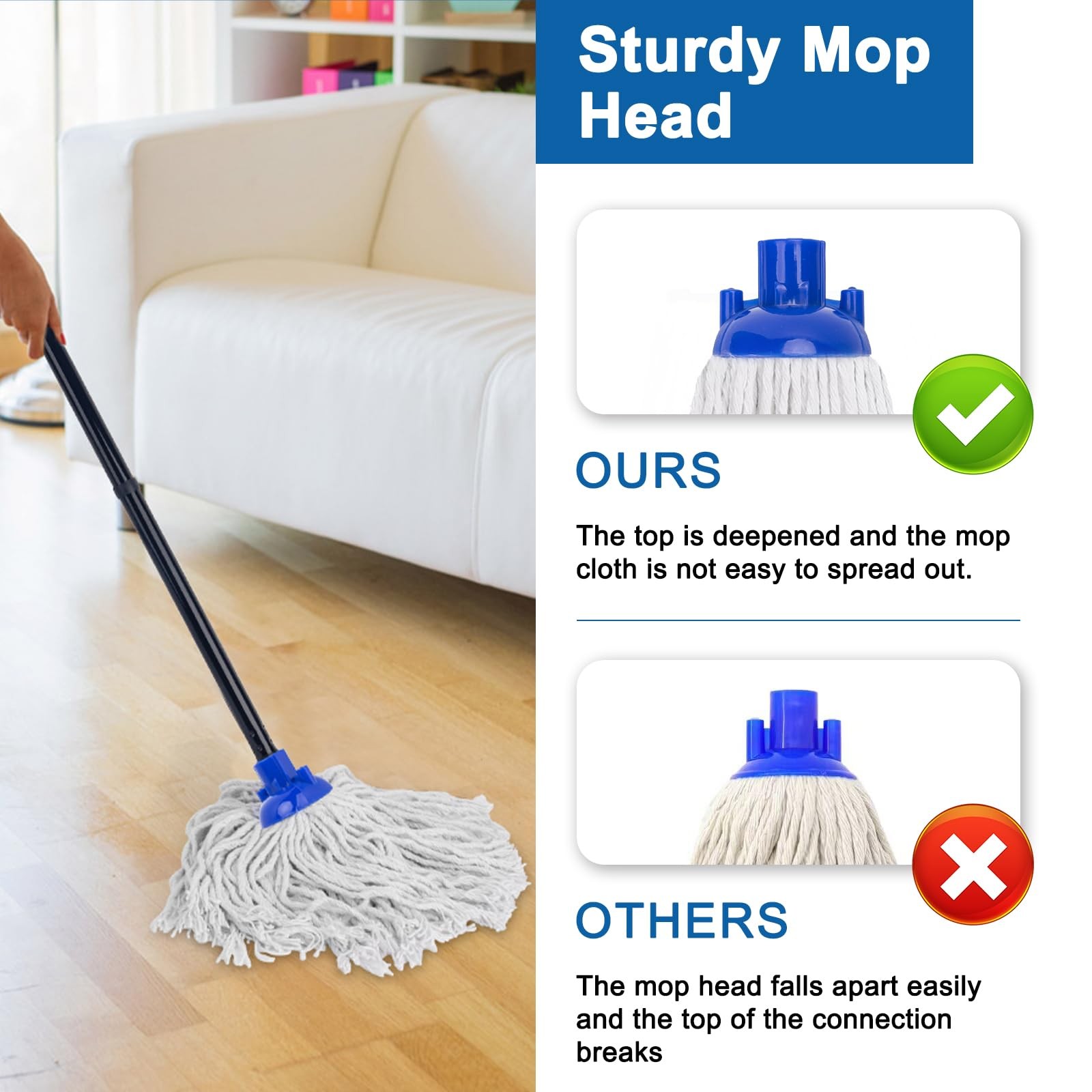 Mop for Floor Cleaning,2 Pcs Cotton String Wet Mops Replacement Head Refill C...