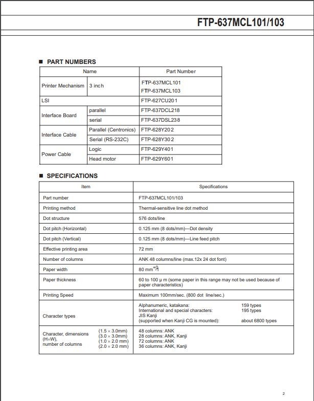 Fujitsu High Speed Thermal Printer Head FTP-637MCL103 BLK1053