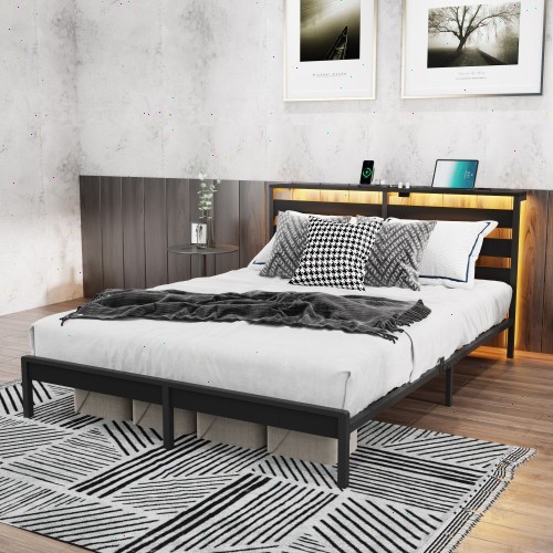 Bed frame Metal bed frame, wooden headboard, footboard, USB LED lamp
