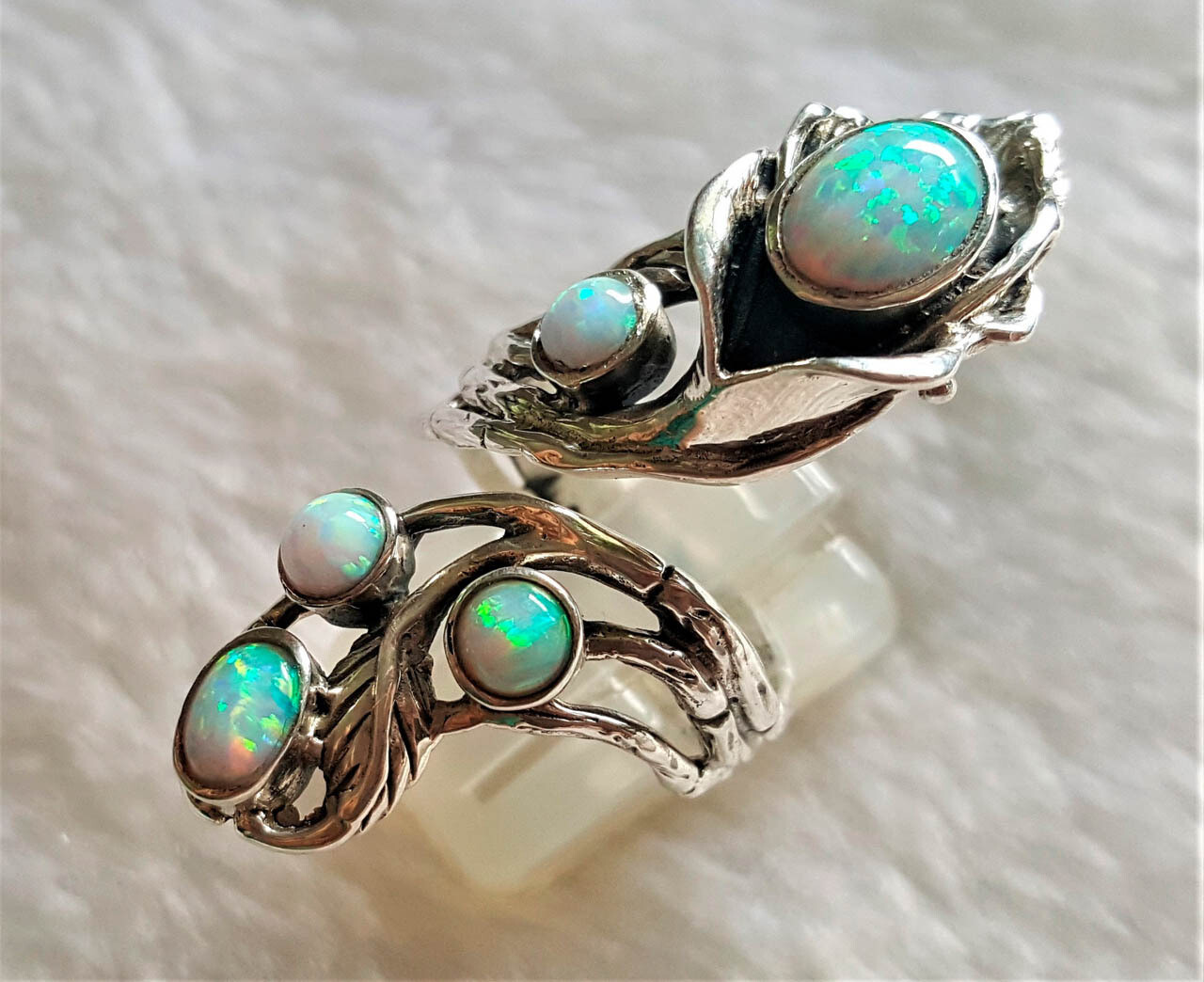 925 Sterling Silver FLower Precious OPAL Flower Unique Bouquet Adjustable Ring