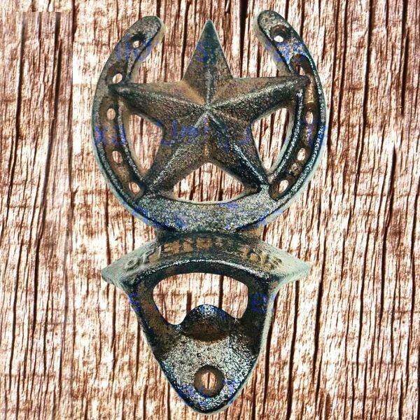 Wall Mount Bottle Opener Rustic Star and Horseshoe CI31-A-HSST-BRN