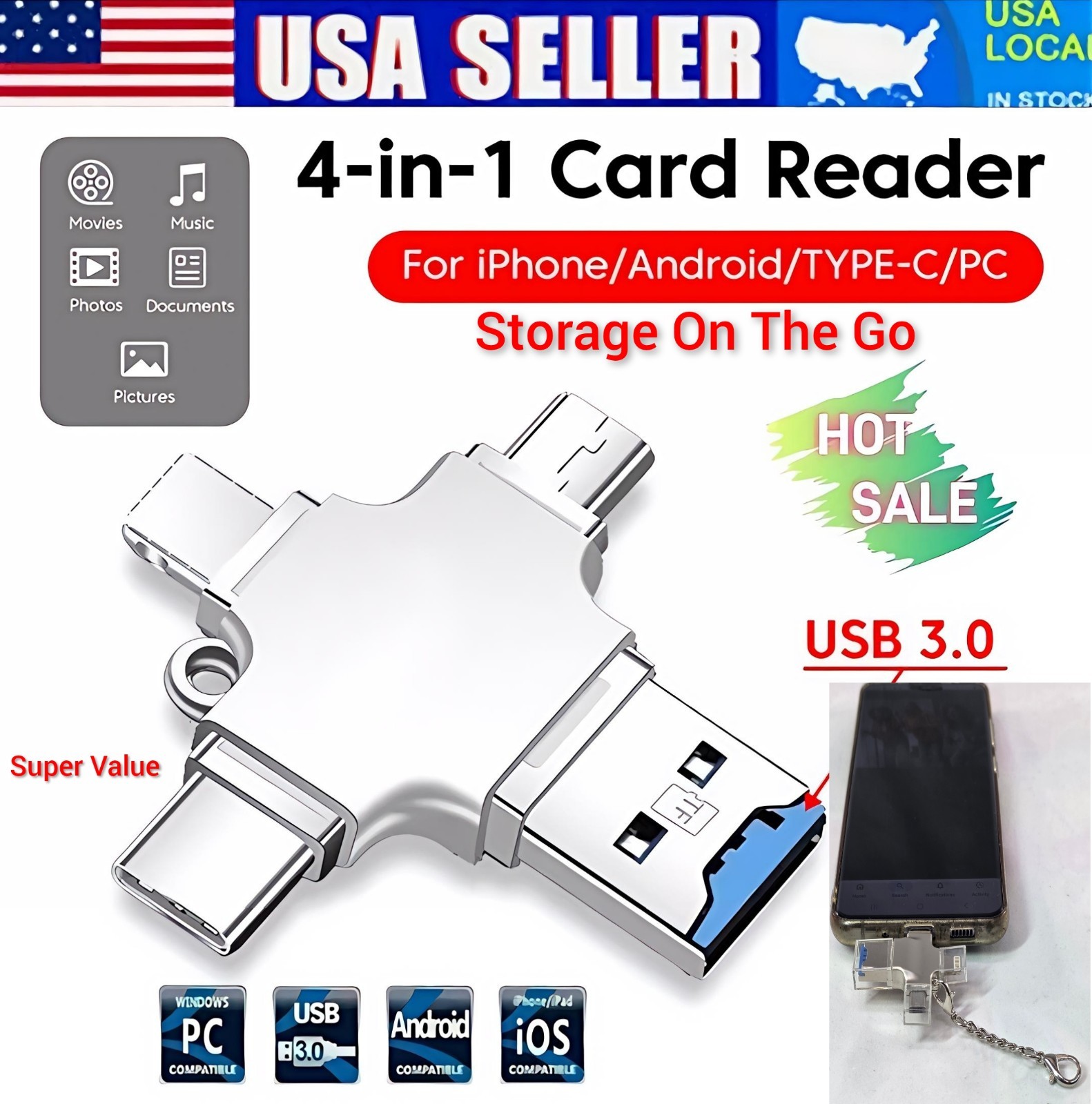 USB 3.0 TF/SD Card Adapter Only Flash Drive Type-C OTG  iPhone&Android PC