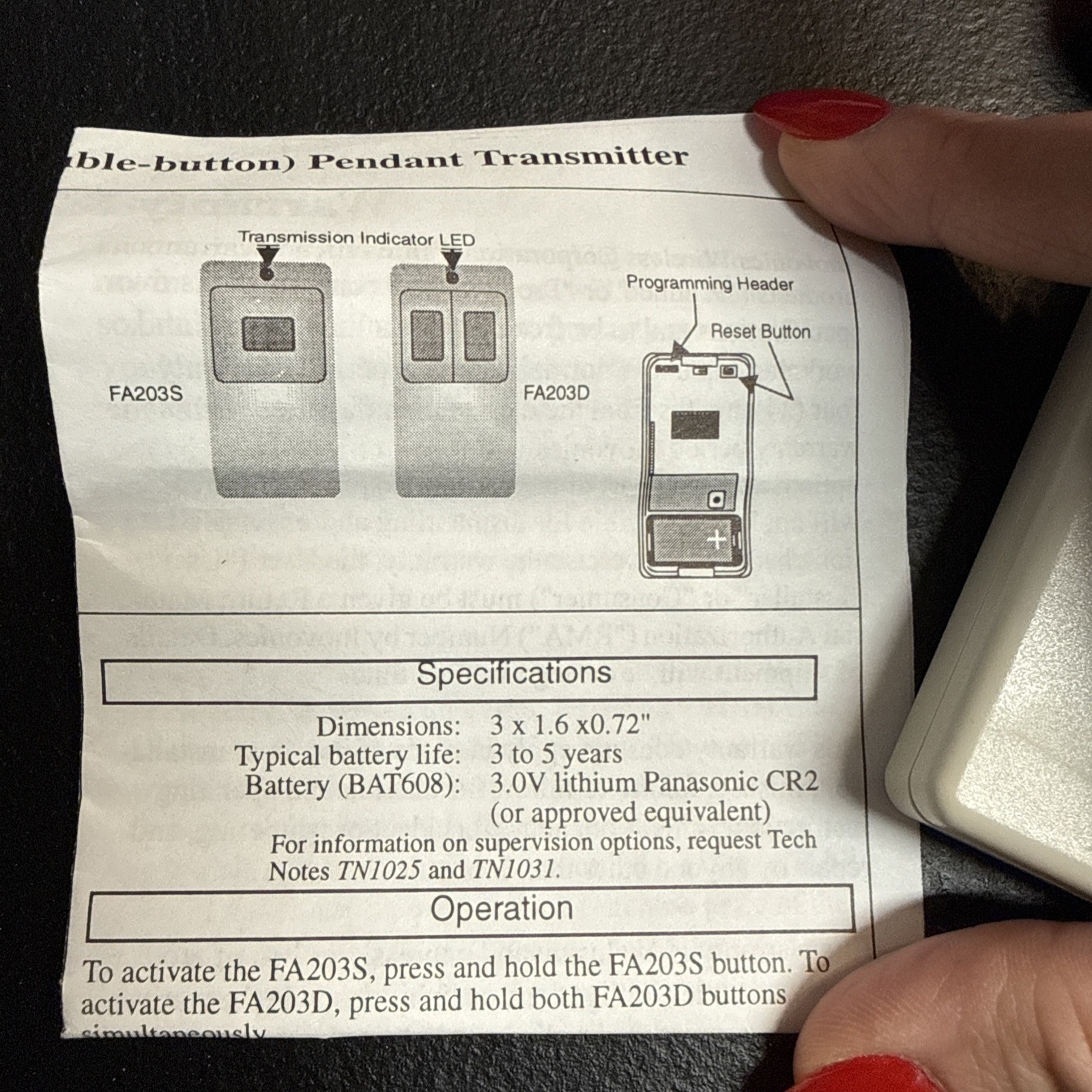 Inovonics FA203D Wireless Pendant Transmitter