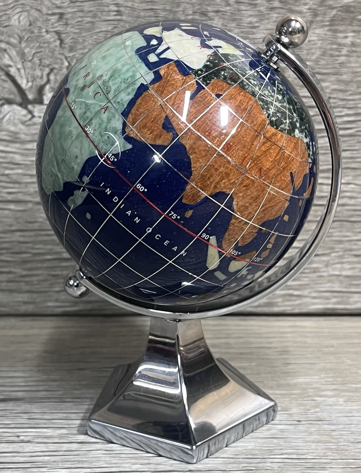 GEMSTONE MINI WORLD GLOBE Semi-Precious Inlay Chrome Stand 5.5" Tabletop Decor