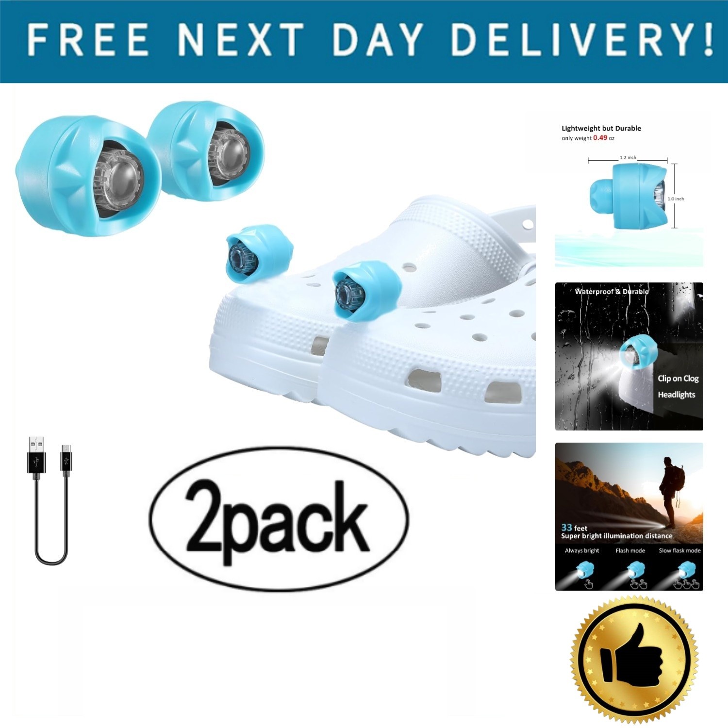 LED Rechargeable Clip-On Headlights for Clogs – Waterproof Shoe Lights, 2-Pack