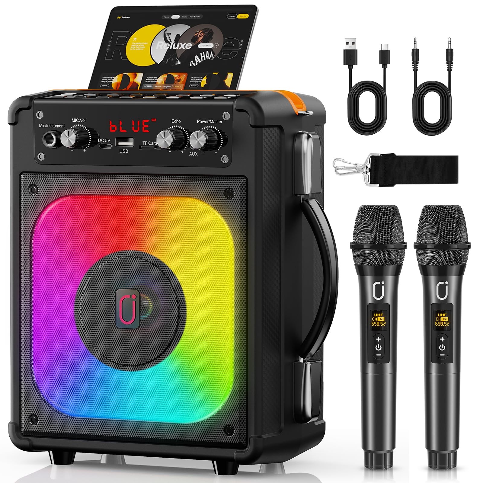 Karaoke Machine, Portable Bluetooth Speaker with 2 Wireless Microphones for A...