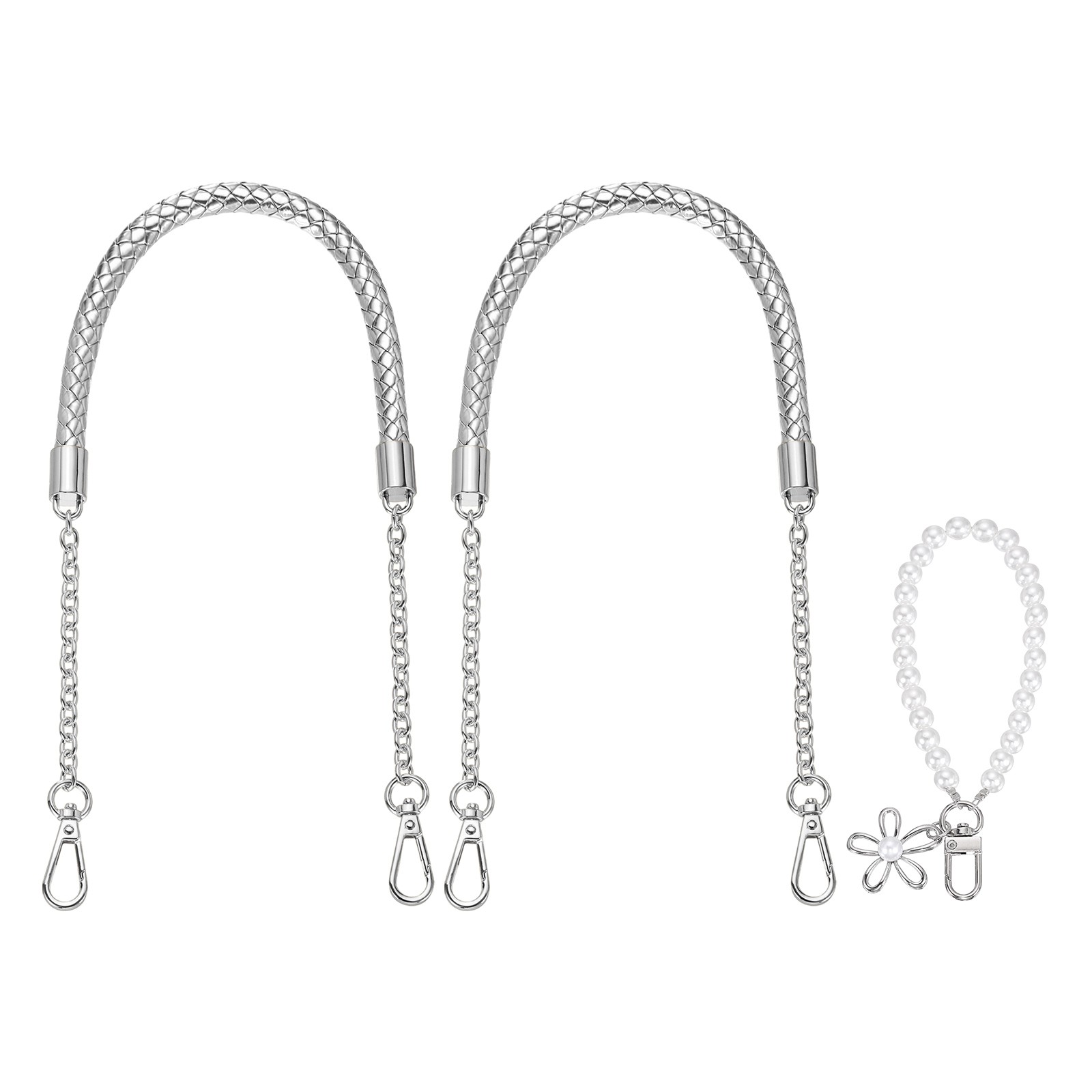 2Pcs 23.6Inch PU Leather Purse Strap with Pendant (Silver, Silver Chain)