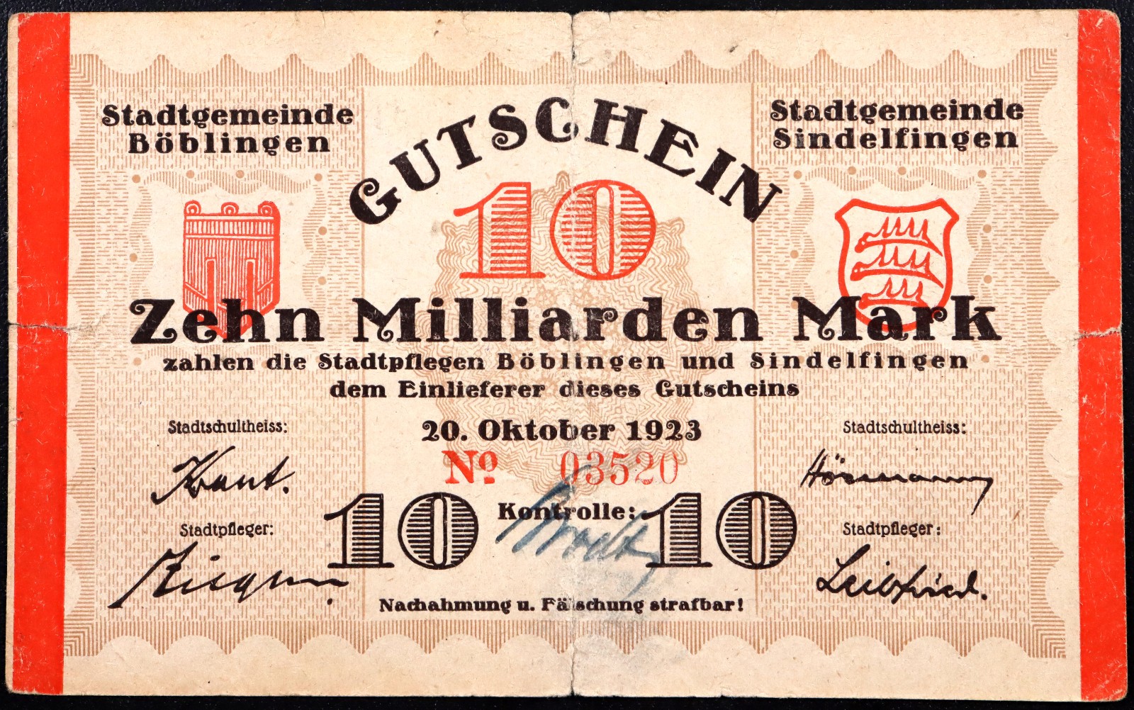 BÖBLINGEN and SINDELFINGEN 1923 10 Milliarden = 10 Billion Mark Notgeld