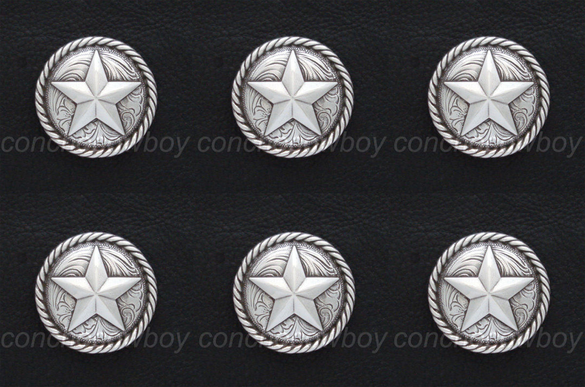 Set of 6 WESTERN TACK ANTIQUE ROUND ROPE EDGE STAR CONCHOS 1-1/4" screw back