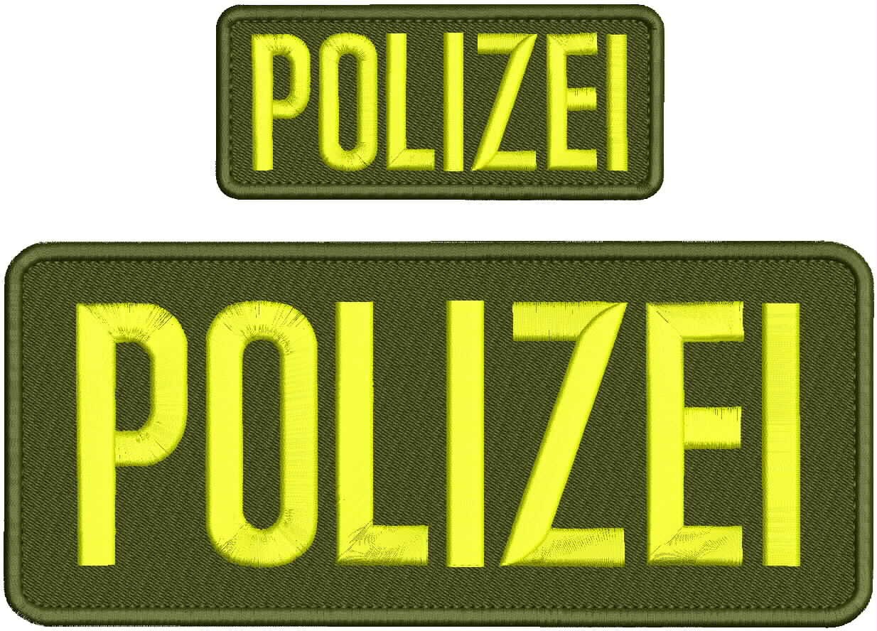 Polizei 2 Embroidery Patches 10x4 And 5x2'' Hook On Back Yellow On Od Green