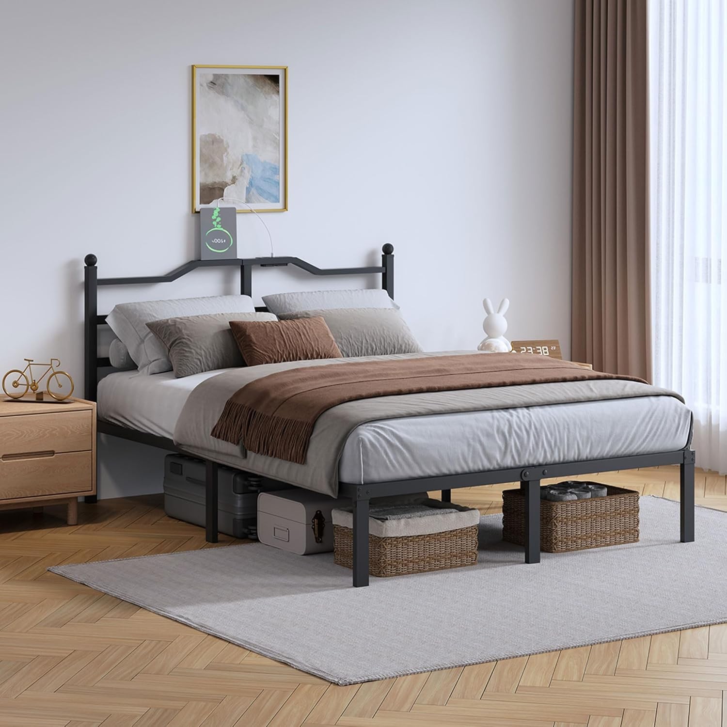 14 Inch Metal Bed Frame Twin Size Heavy Duty Bedframe W/ Headboard Black Basic