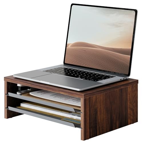 Monitor Stand, 3-Tier Monitor Riser with Slide-Out Tray, Wooden and Brown
