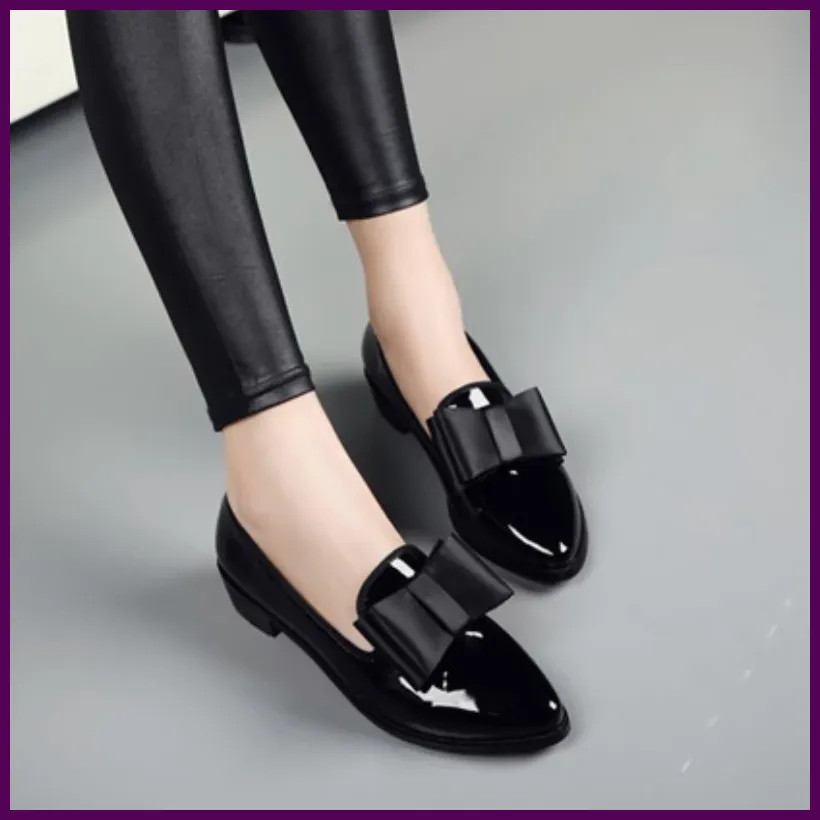 Flats Shoes Pointed Toe Women Bow Women Shoes Patent Leather Casual Single.