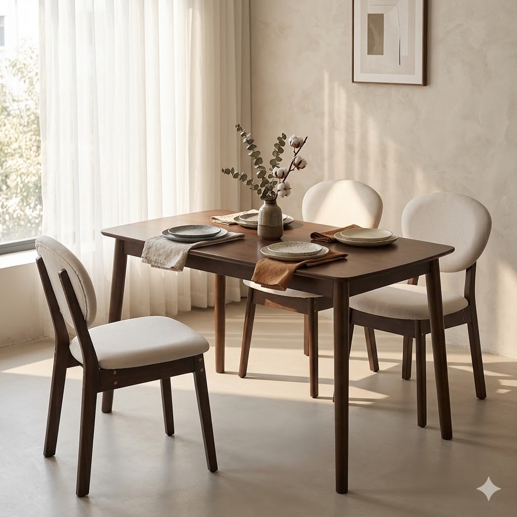 5pc Solid Wood Dining Set Deep Walnut Table & 4 Beige Padded Chairs Space-Saving
