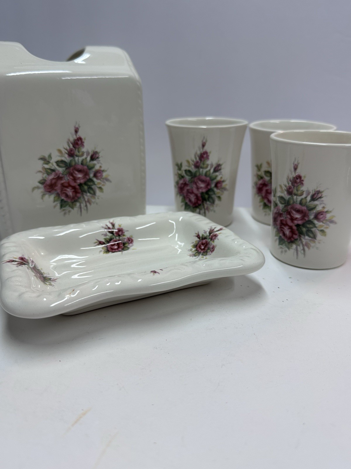 Athena Pottery  "Rose Rhapsody” Bathroom Set Of 5 Made In USA   D2